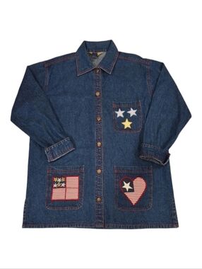 ✨2/$25 Natural Impressions~Women VTG Denim Barncoat~Chore Jacket~Patriotic~MED